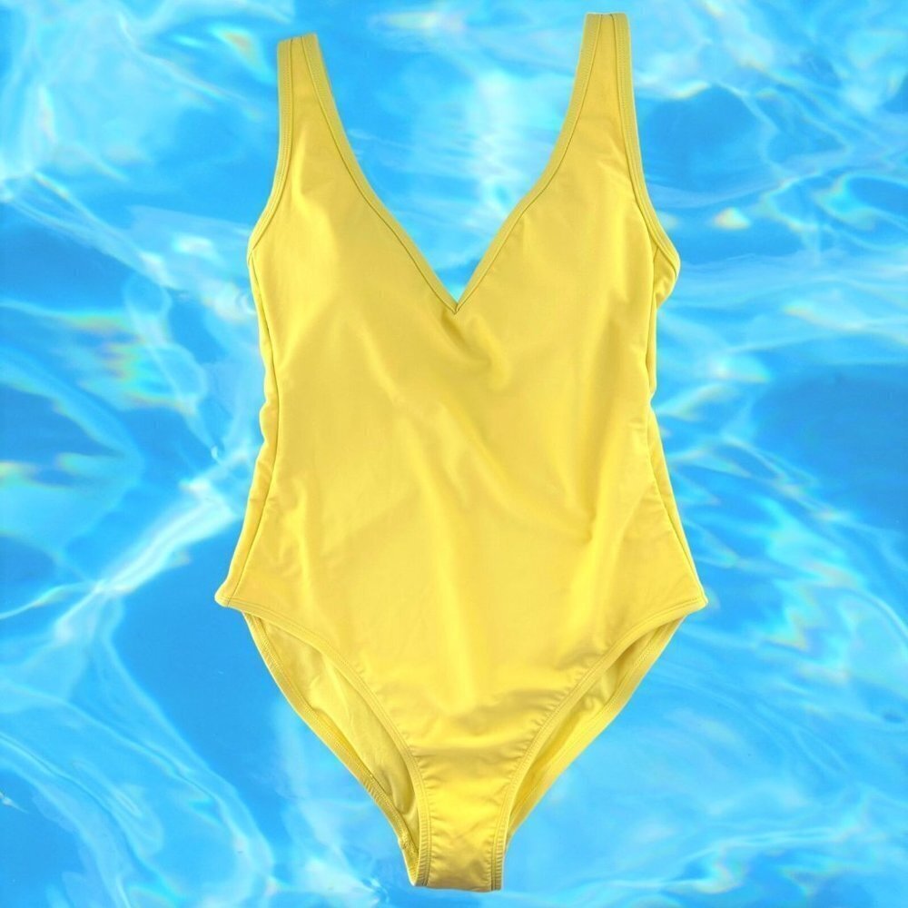 NEW Kona Sol Lemon Yellow V-Neck High Leg One Piece Swimsuit Size Large